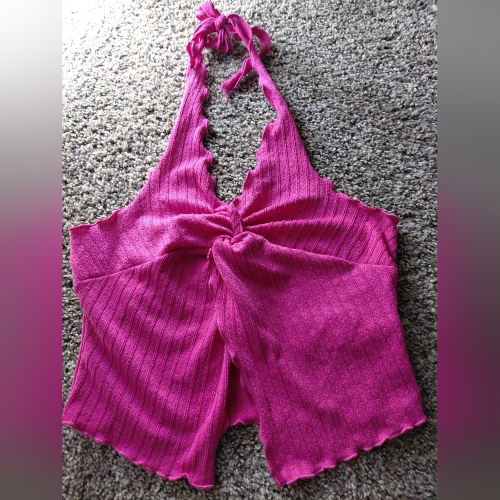 SHEIN Bright Purple Ribbed Halter Knot Front Camisole